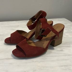 Red suede heels with ankle strap